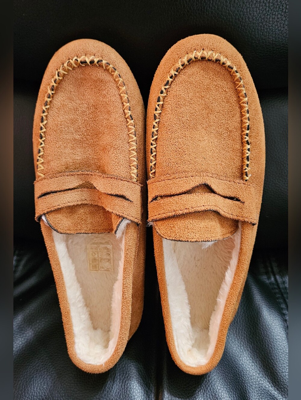 Women Suede Penny Loafers with Shearling Lining - Tan